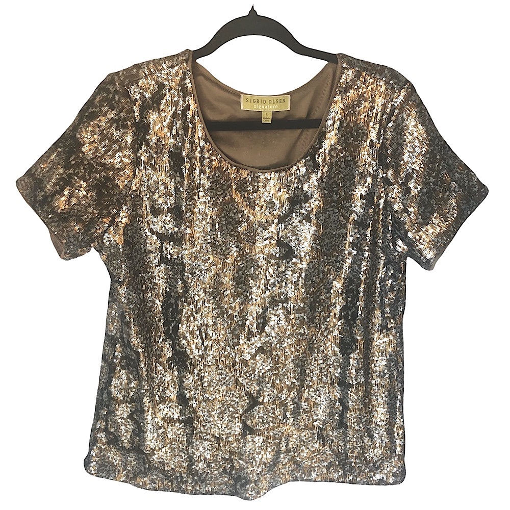 Sigrid Olsen Designer Gold Silver Sequin Scoopneck Shortsleeve Dressy Top‎ Large